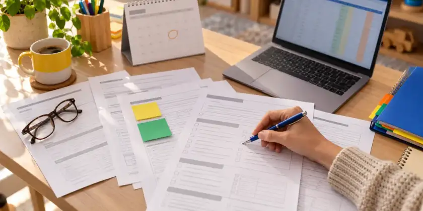 Fichas de matrícula y calendario de enero sobre la mesa de una directora de escuela infantil