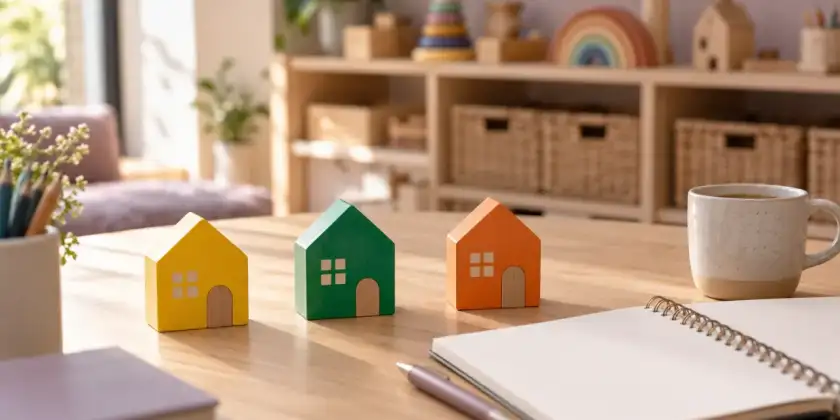 Tres casitas de madera de colores amarillo, verde y naranja sobre la mesa de una directora de escuela infantil, junto a un cuaderno y una taza de café